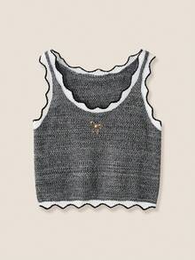 Muvela Blusa de verano linda con top de punto con volantes, bordado de lentejuelas doradas y corbata de moño gris para mujer - Gris - Ver 1