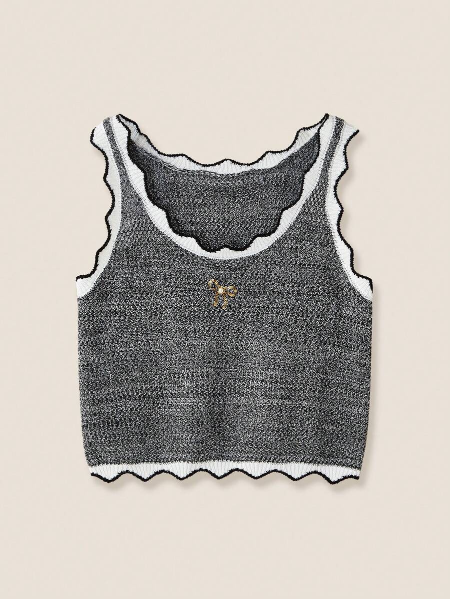 Muvela Blusa de verano linda con top de punto con volantes, bordado de lentejuelas doradas y corbata de moño gris para mujer - Gris - Ver 1