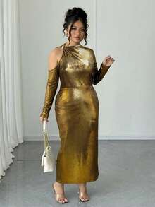 Elenzga Vestido elegante de unicolor y diseño de corte calado, de alta gama, talla grande - Dorado - Ver 4