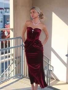 Sydney Algeri Rochie de petrecere, rochie de vacanță, rochie, rochie de catifea roșie, ținută de Revelion, rochie de Revelion - Burgundia - Vizualizare 1