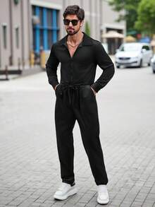 Manfinity CasualCool Men's Solid Color Long Sleeve Zip Front Drawstring Waist Pockets Casual Jumpsuit Men Black Jumpsuit Jumpsuit For Men Men Casual Sets Men Black Dress Outfits Men Black Romper  Old Money,Daily Leisure, Weekend Trips, Outdoor Activities, Travel Expeditions, Relaxed Work Environments Or Semi-Formal Occasions,Boyfriend/Husband Gift, Anniversary Gift Christmas Outfits Men Black Fashion Black Mens Outfits