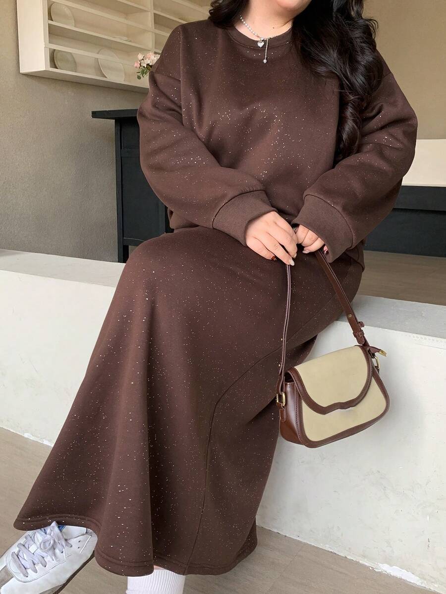 Dazy Plus 2pcs/Set Fashionable Glitter Powder Loose Fit Thickened Thermal Lined Casual Tracksuit For Plus Size Women, Autumn/Winter - Coffee Brown - View 1