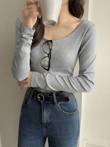 DAZY Sous-pull moulant à encolure dégagée et manches longues pour femmes - Gris - Voir 1