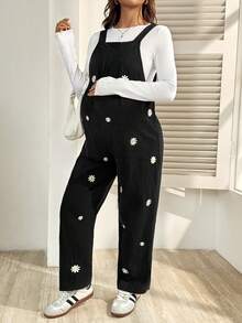 SHEIN 孕妇秋季雏菊刺绣口袋休闲阔腿连体裤