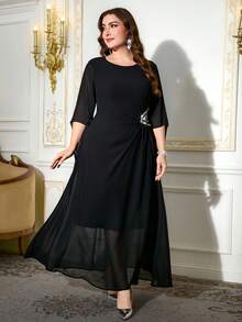 Reflora Elegant Black Plus Size Dress With Round Neck And Long Sleeves Semi Sheer Twist Detail A Line Mermaid Hem Long Length Plain Knitted Fabric For Women - Black - View 5