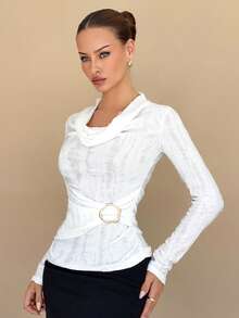 Rafferiza T-shirt slim à col bénitier déchiré de couleur unie automne, Top à col bénitier blanc à manches longues, top blanc élégant, top blanc texturé, top blanc à manches longues, hauts blancs pour femmes, hauts à manches longues blancs pour femmes, top blanc sexy col roulé