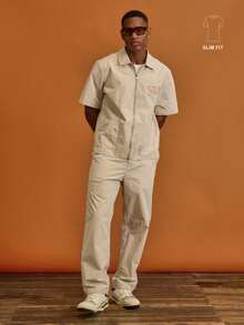 Musero Slim Fit Branded Patch Pants Sets Belt Loop Button Fastening Spring Summer Holiday Vacation - Army Green - View 1