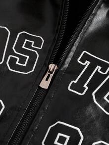 PAVTROS Plus Size Men's Street Style PU Embroidered Fleece Hoodie Jacket Fur Hoodie Men Letter Men Jacket Mens Plus Fur Men Jackets Zip Up Motorcycle Jacket - Black - View 3