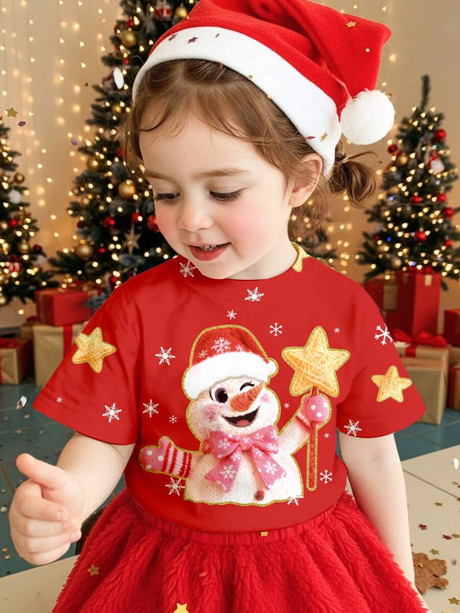 SHEIN Lễ Giáng sinh, Giáng sinh màu đỏ, Người tuyết hoạt hình dễ thương và vui nhộn, Nơ màu hồng, In họa tiết ngôi sao, Áo thun tay ngắn cổ tròn tối giản thường ngày cho bé gái, Phù hợp cho mùa hè, Mọi mùa, Giáng sinh, Năm mới, Phong cách đường phố, Ở nhà, Kỳ nghỉ, Biểu diễn ở trường - Nhiều màu - Xem 1