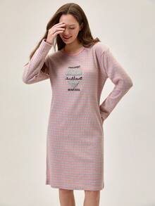 Loomlin Camicia da notte in 100% cotone con stampa a quadri e grafica con slogan, spalle scoperte - Giallo - Visualizzare 6