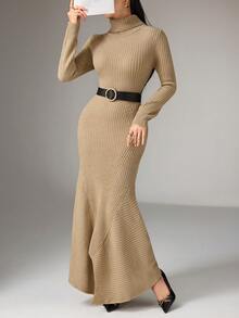 Heiryn Váy len dệt kim dáng ôm thanh lịch, tay dài cổ lọ màu trơn dành cho nữ, mùa thu/đông - Màu Khaki - Xem 6