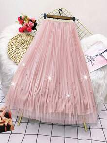 Franclia 大码女式优雅浪漫纯色弹力腰仿珍珠装饰网纱A字裙 - 粉色 - 查看 2