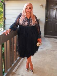 Enliva Christmas Plus Size Women Lantern Sleeve Midi Lace Dress/Autumn /Winter