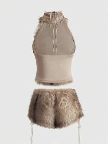 ROMWE Hippie Y2K渐变毛绒露背拼接性感紧身短款上衣搭配毛绒低腰超短裤女式两件套 - 彩色 - 查看 2