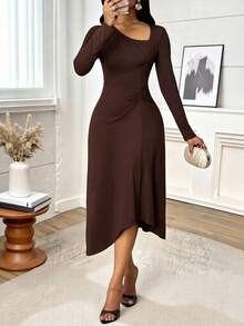 SHEIN Lady 女式纯色不对称领口长袖褶饰腰部休闲连衣裙 - 咖啡 - 查看 6