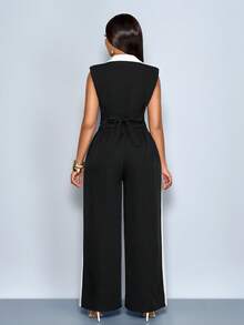 SOLERSUN 女士优雅时尚撞色双色无袖衬衫和条纹阔腿口袋裤秋冬春季通勤两件套 - 黑與白 - 查看 2