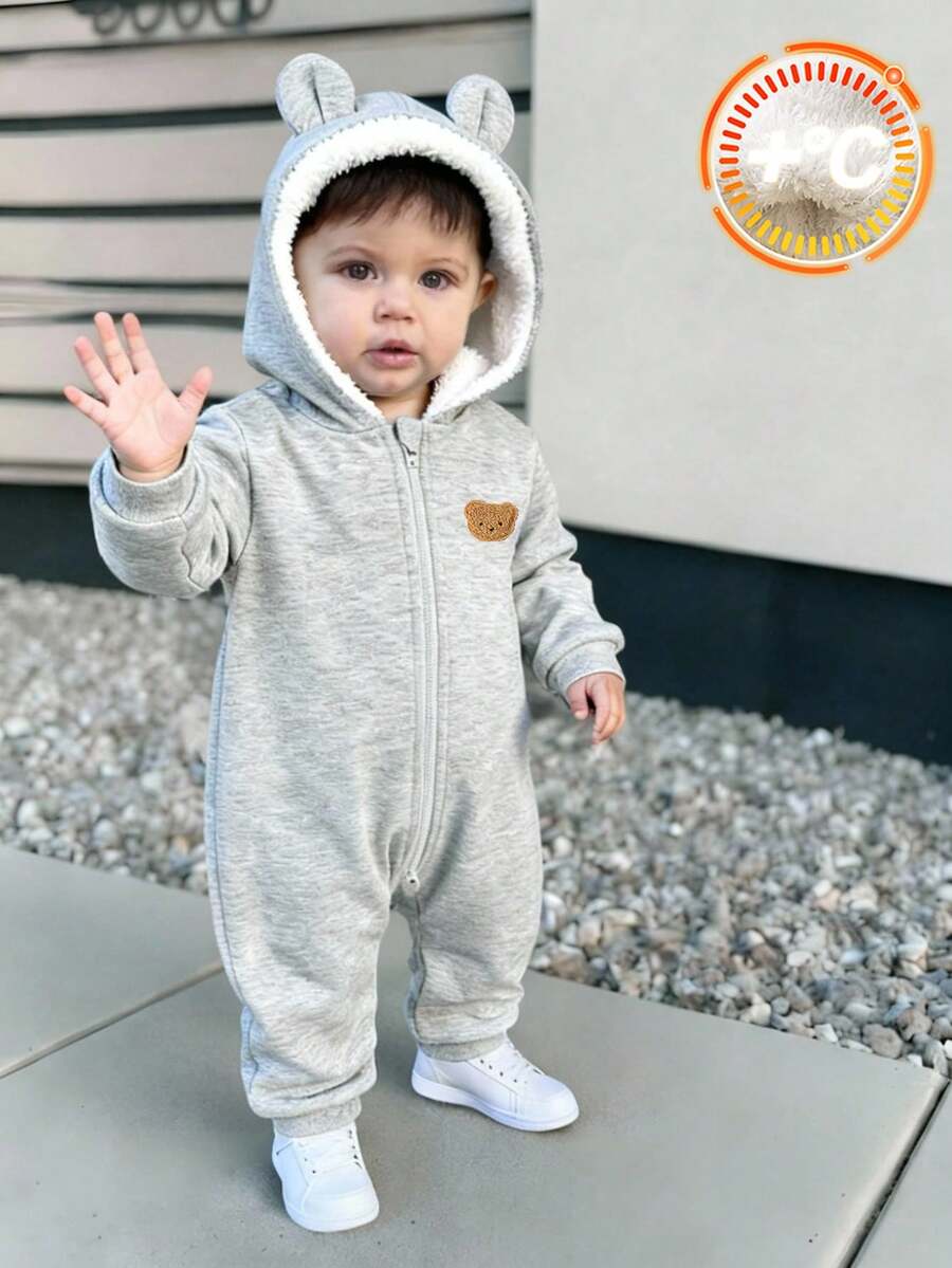 Cute Bear Design Fleece Hooded Jumpsuit, Comfortable Versatile Casual Stylish Daily Wear, Suitable For Indoor, Outdoor, Skiing, Sports, Party, Photography, Festival, Christmas, New Year, Autumn/Winter - Grey - View 1
