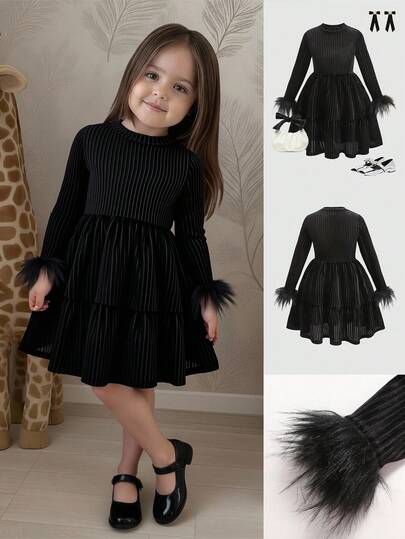 SHEIN Young Girls Elegant Black Velvet Feather Decorated Long Sleeve Cake Dress, Suitable For Autumn & Winter, Christmas, Vacation, Mom And Daughter Matching, Green Color, Christmas, Party Wear, Birthday Dress, Princess Dress Dress Black Black Dresses For Girls Black Outfits For Girls Dinner Girl Outfit Black Outfits For Tween Black Dresses For Tweens
