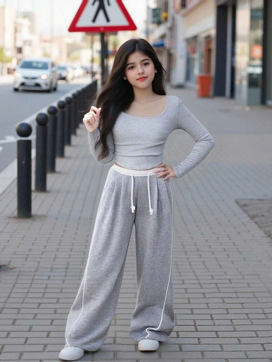 Sparklyn Tween Girl Solid Square Neck Cinched Waist Long Sleeve Knitted Tee And Wide - Leg Drawstring Sweatpants, Comfortable, Slim - Fitting, Casual And Fashionable. - Grey - View 1