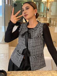 Livesso Women's Casual Plaid Lace-Up Regular Jacket, Autumn/Winter Women Coats - Black - View 5