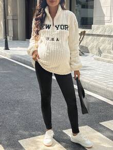 SHEIN Maternity Letter Embroidery Zipper Partial Placket Long Sleeve Fleece Sweatshirt And Adjustable Waist Leggings Casual Suit - Multicolor - View 5