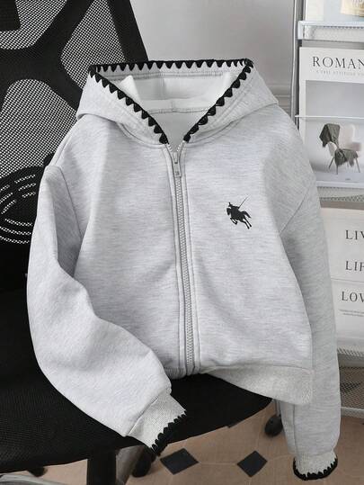 Tween Girls' Vacation Casual Comfortable Floral Trim Hoodie With Zipper, Suitable For Everyday Wear