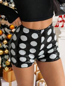 SHEIN EZwear Black Shorts Christmas New Year  Party Sequin Fashionable Casual Sequin Polka Dot Women Shorts Sequin Shorts Polka Dot Shorts Black And White Shorts - Black - View 2