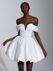 Elitara Elegant Luxury Satin Off Shoulder V-Neck Ruffle Puff Ball Gown, Suitable For Weddings, Parties, Dating, Balls, Brides, Gifts White