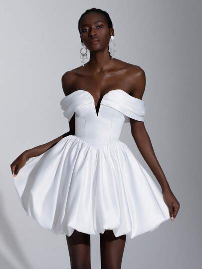 Elitara Elegant Lyx Satin Off Shoulder V-hals Volang Puff Balklänning, Lämplig för bröllop, fester, dejting, bollar, brudar, presenter