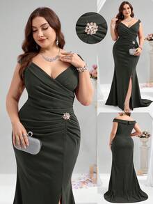 Coutiva Váy dạ hội trang trọng cỡ lớn (được đính nhiều họa tiết) - xanh quân đội - Xem 1