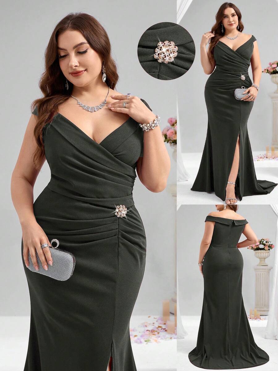 Coutiva Váy dạ hội trang trọng cỡ lớn (được đính nhiều họa tiết) - xanh quân đội - Xem 1