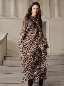 Anewsta Savoree 浪漫优雅豹纹荷叶边下摆春季层叠飘逸雪纺长袖连衣裙 - 彩色 - 查看 3