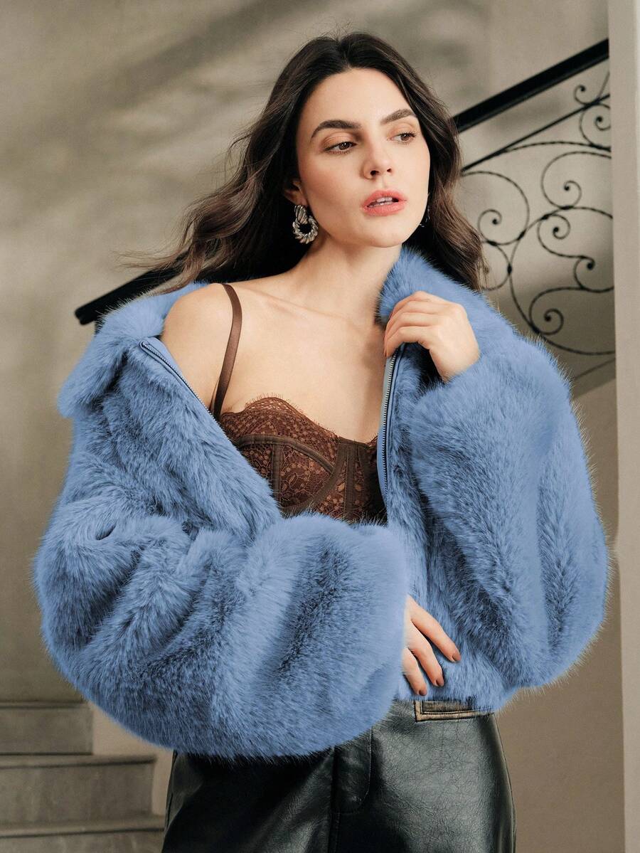 Anewsta 休闲拉链仿毛领外套 - 藍色 - 查看 1