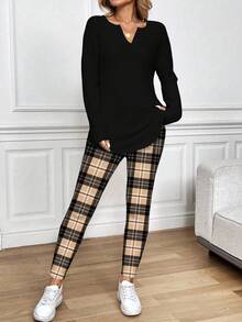 SHEIN LUNE Bộ 2 món gồm áo thun dài tay kẻ caro phối màu tương phản và quần legging bó sát dành cho nữ, thích hợp cho mùa thu/đông, phong cách thường ngày. - Nhiều màu - Xem 4