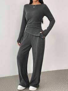 Juhart Bộ đồ hai mảnh Maxi hở vai xếp nếp kiểu Pháp thanh lịch dành cho nữ, cỡ lớn - Xám - Xem 6