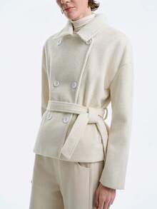 SHEIN LUNE Women's Elegant, Casual, Luxury White Turndown Collar Waist Short Wool Blend Coat, Suitable For Party, Commute, Outing, Halloween, Christmas, New Year, Thanksgiving, Winter - White - View 5