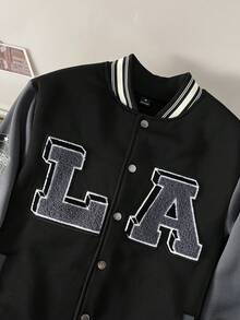 Manfinity Joysei Áo khoác bóng chày lót nhiệt in chữ màu tương phản tay dài thường ngày cho nam, mùa thu, màu đen, áo khoác Rave Varsity - Nhiều màu - Xem 3