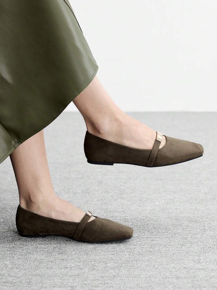 CUCCOO BIZCHIC Women's Square Toe Flat Suede Metallic Buckle Mary Jane Shoes, Comfortable Slip-On Flats For Work And Dresses For Christmas Spring Shoes