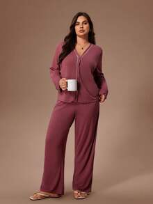 Lazeform Conjunto de pijama de punto suave y cómodo de unicolor con ribete de contraste, talla grande - Rojo - Ver 7