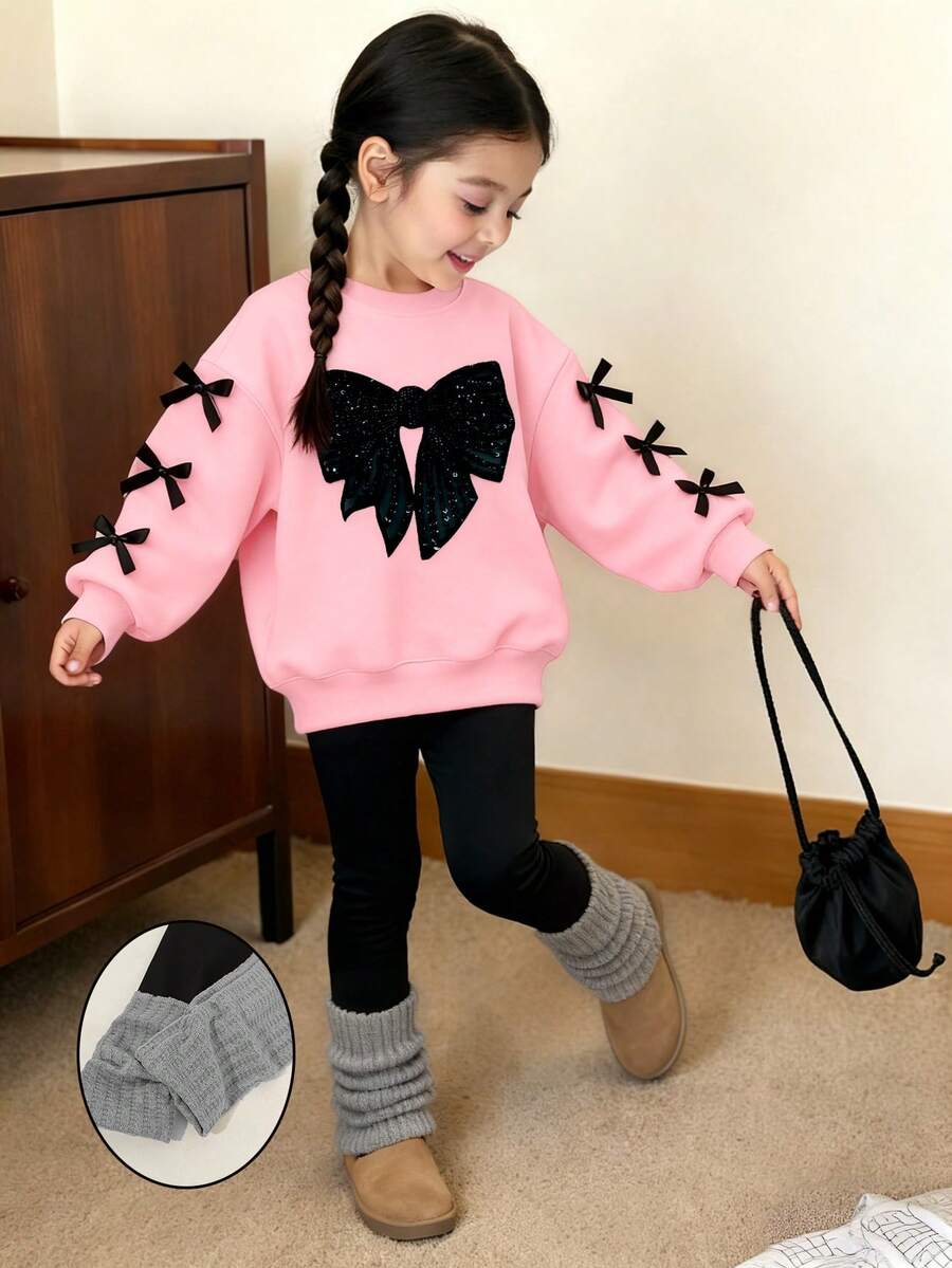 2件套女童休闲爱心图案长袖上衣和黑色裤子运动套装 - 彩色 - 查看 1