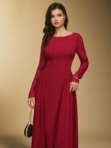 Poéselle Women's Red Round Neck Long Sleeve Waist Ruched Elegant Mid-Length Dress, Red Dress Women ,New Year Outfit,Christmas Dress ,Elegant Women's Dress, Christmas Party ,Party Outfit,Elegant Party,Suitable For Daily Wear, Going Out, Commuting,Fall/Winter - Burgundy - View 3