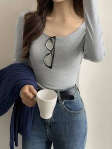 DAZY Sous-pull moulant à encolure dégagée et manches longues pour femmes - Gris - Voir 4
