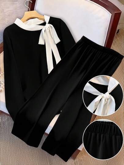 GlowEve CURVE 大码女式撞色打结领长袖上衣和裤子休闲两件套