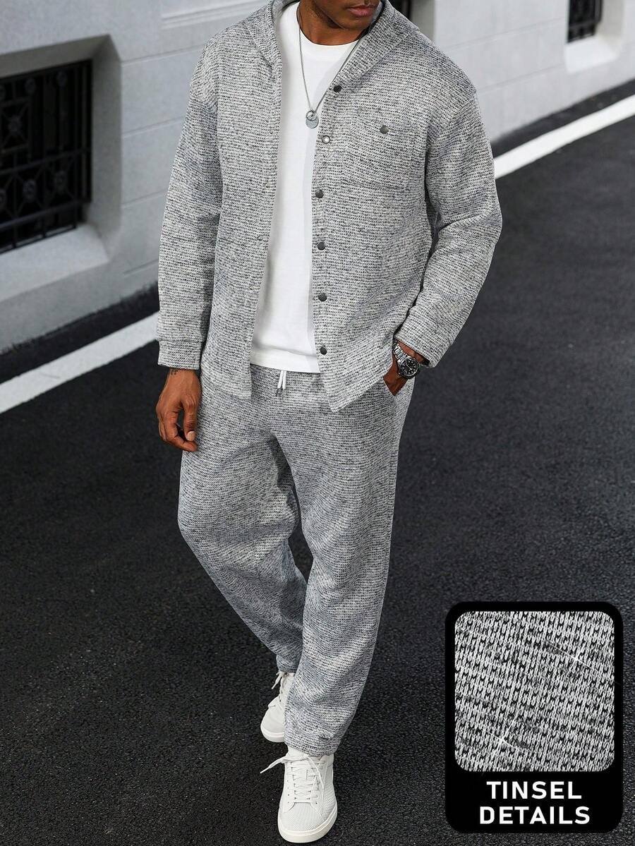 Manfinity CasualCool 男士休闲单排扣口袋拉链连帽卫衣，秋季长袖针织衫，灰色 - 灰色 - 查看 1