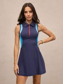 Activina 女士高尔夫无袖撞色半拉链运动连衣裙 - 藍色 - 查看 3