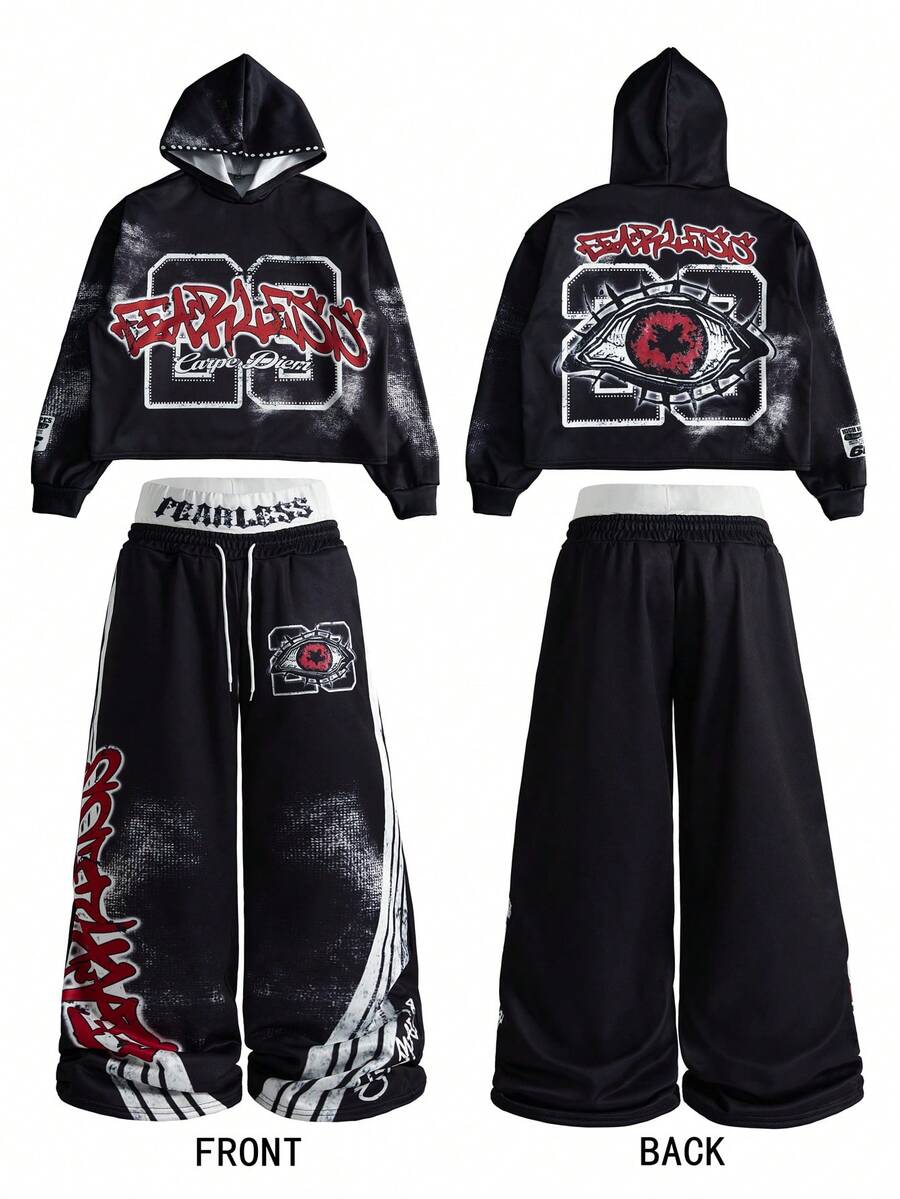 Manfinity Roghcode 男士街头时尚印花二合一双腰长裤，适合户外音乐节、日常出行、朋友聚会、送给男友/老公的礼物、周年纪念礼物，撞色卫衣套装，男士Y2K风格服装，男士连帽衫和长裤套装，男士街头服饰套装，男士套装 - 黑色 - 查看 1