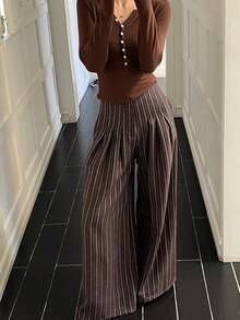 DAZY 女士条纹宽松褶裥休闲通勤阔腿裤 - 棕色 - 查看 6