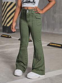 SHEIN Tween Girl Y2K Fashion Retro Style Flap Detail Seam Detail Denim Flare Leg Jeans , Fall Clothes Back To School - Army Green - View 4