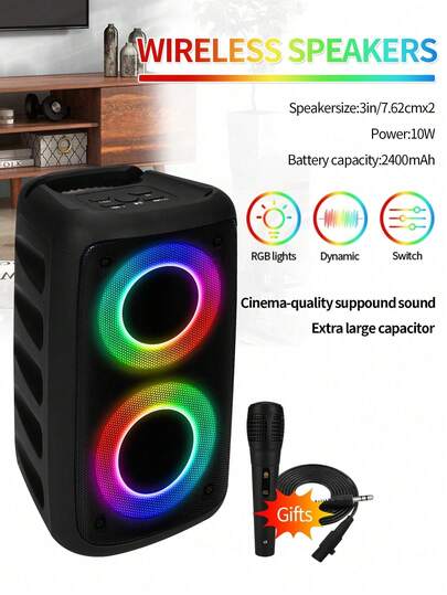 无线蓝牙音箱，带低音炮，大功率立体声扬声器，户外便携式无线音箱，派对迪斯科灯，LED氛围灯，带1个麦克风，支持TWS、TF卡、AUX输入，麦克风