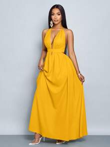 SOLERSUN 女士纯色露背吊带V领度假沙滩交叉系带露背长裙度假沙滩装 - 黃色 - 查看 4